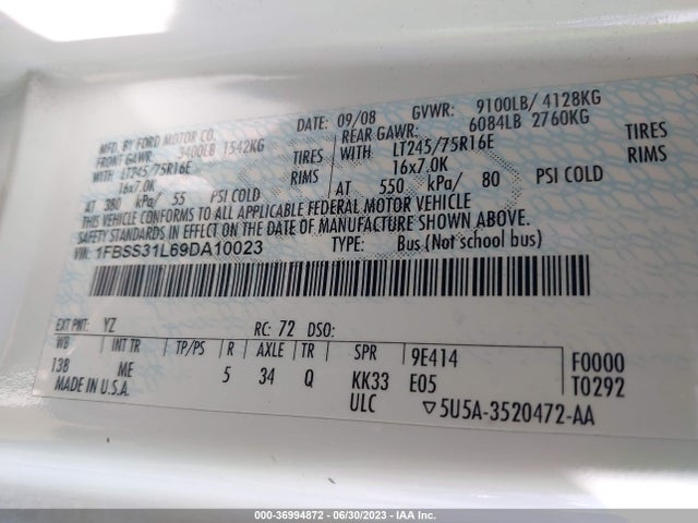 2009 FORD ECONOLINE WAGON XL/XLT VIN: 1FBSS31L69DA10023