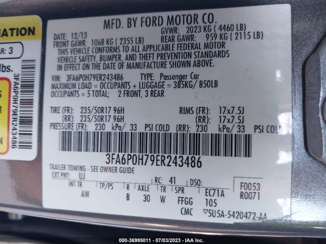 Ford FUSION SE 2014 3FA6P0H79ER243486 Image 9