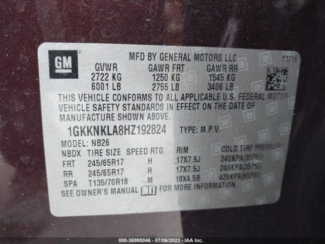 1GKKNKLA8HZ192824 GMC ACADIA SLE