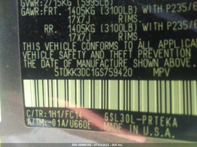 5TDKK3DC1GS759420 Toyota SIENNA LE