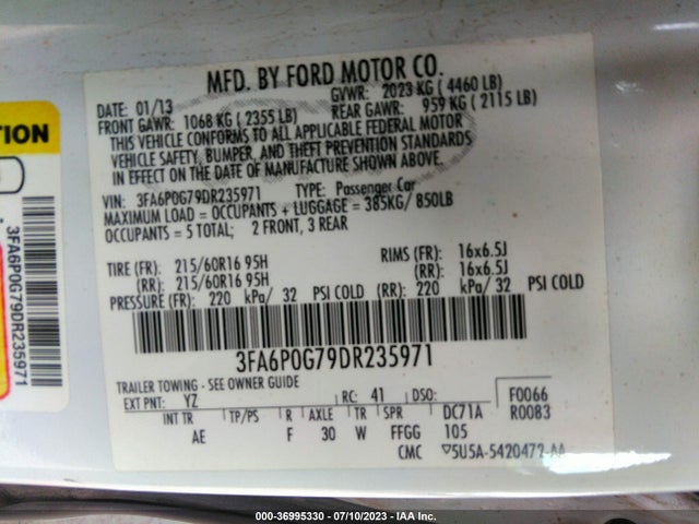 2013 FORD FUSION S VIN: 3FA6P0G79DR235971