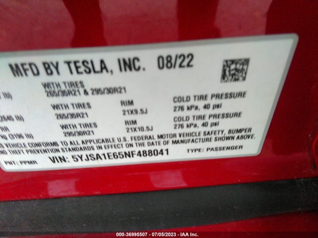 Tesla Model S Plaid 2022 5YJSA1E65NF488041 Image 9