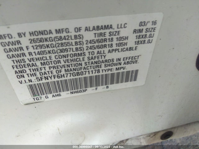 Honda Pilot Ex-l 2016 5FNYF6H77GB071178 Image 9