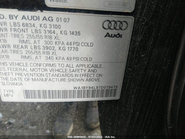 2007 AUDI Q7 PREMIUM VIN: WA1BY94L97D079479