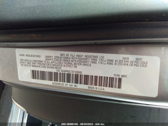 2008 SUBARU OUTBACK LTD VIN: 4S4BP62C787328593