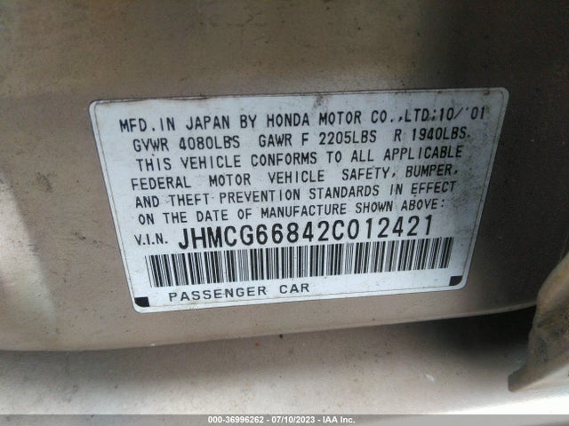 2002 HONDA ACCORD SDN SE/EX/EX W/LEATHER VIN: JHMCG66842C012421