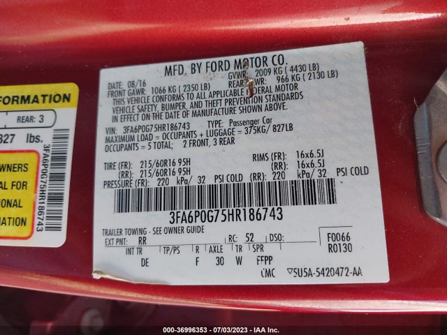3FA6P0G75HR186743 Ford FUSION S