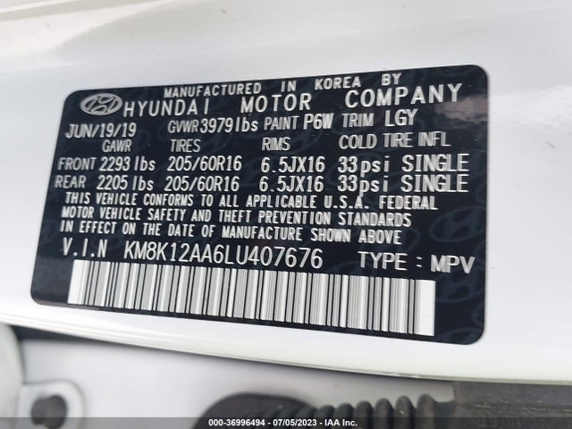 2020 HYUNDAI KONA SE VIN: KM8K12AA6LU407676