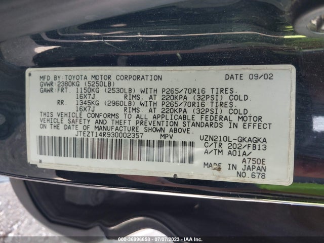2003 TOYOTA 4RUNNER SR5 VIN: JTEZT14R930002357