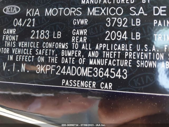 3KPF24AD0ME364543 KIA Forte Lxs
