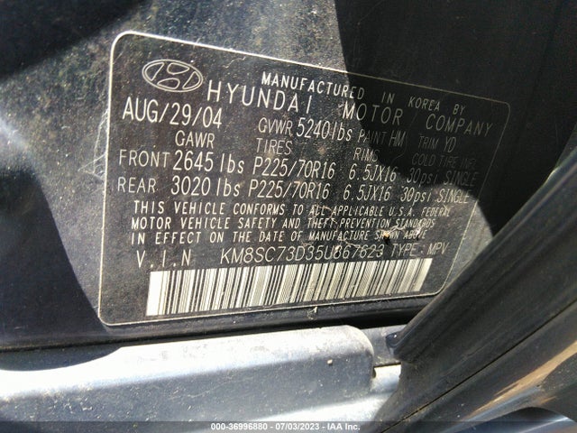 2005 HYUNDAI SANTA FE GLS VIN: KM8SC73D35U867623