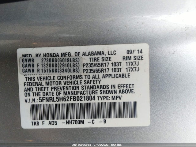 Honda Odyssey Ex-l 2015 5FNRL5H62FB021804 Image 9