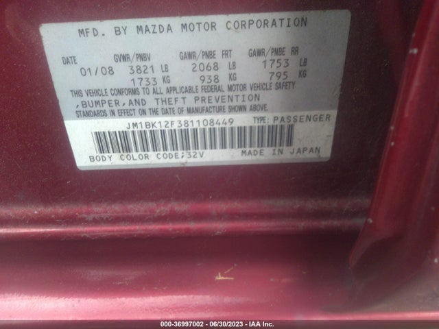 2008 MAZDA MAZDA3 I SPORT VIN: JM1BK12F381108449