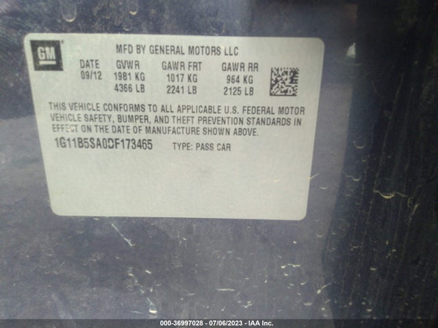 2013 CHEVROLET MALIBU LS VIN: 1G11B5SA0DF173465