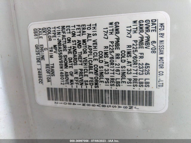 2008 NISSAN ROGUE SL VIN: JN8AS58V98W148012