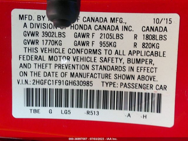 2HGFC1F91GH630985 Honda Civic Sedan Touring
