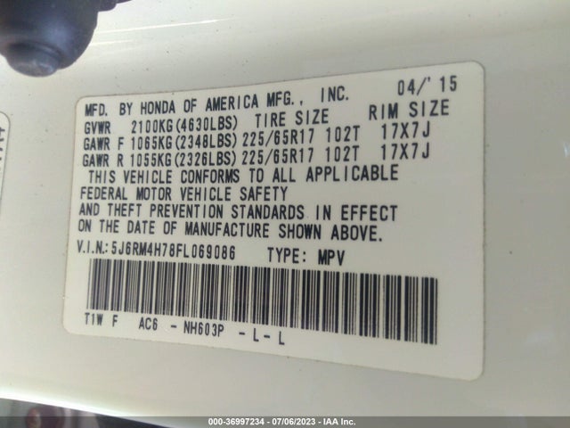 Honda Cr-v Ex-l 2015 5J6RM4H78FL069086 Image 9