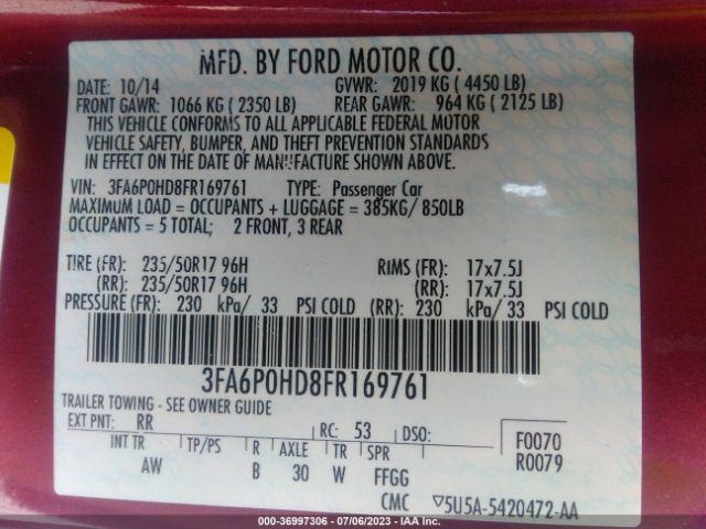 3FA6P0HD8FR169761 Ford FUSION SE