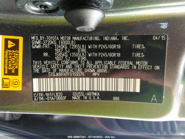 Toyota Highlander Xle 2015 5TDJKRFH7FS159376 Image 15