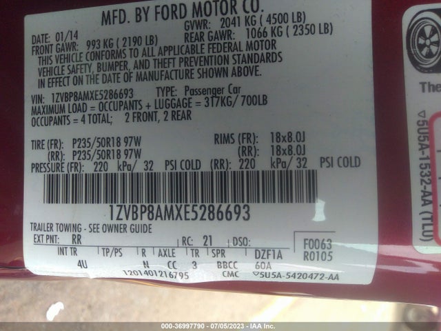 2014 FORD MUSTANG V6 VIN: 1ZVBP8AMXE5286693