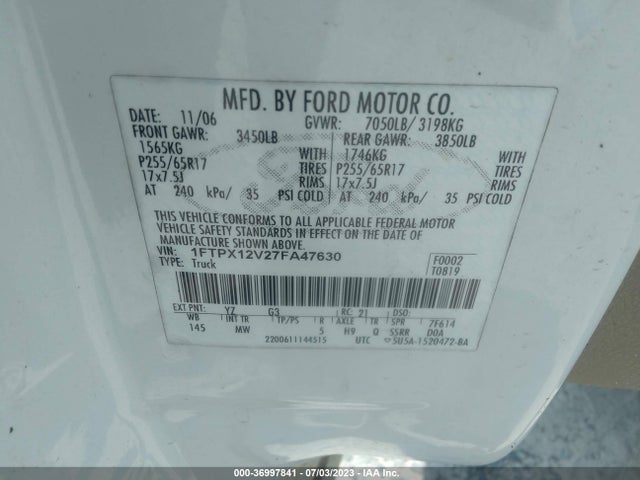 2007 FORD F-150 XL/STX/XLT/LARIAT/FX2 VIN: 1FTPX12V27FA47630