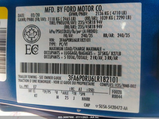 3FA6P0RU6LR182101 Ford Fusion Hybrid Titanium
