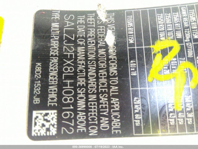 2020 LAND ROVER RANGE ROVER EVOQUE S VIN: SALZJ2FX8LH081672