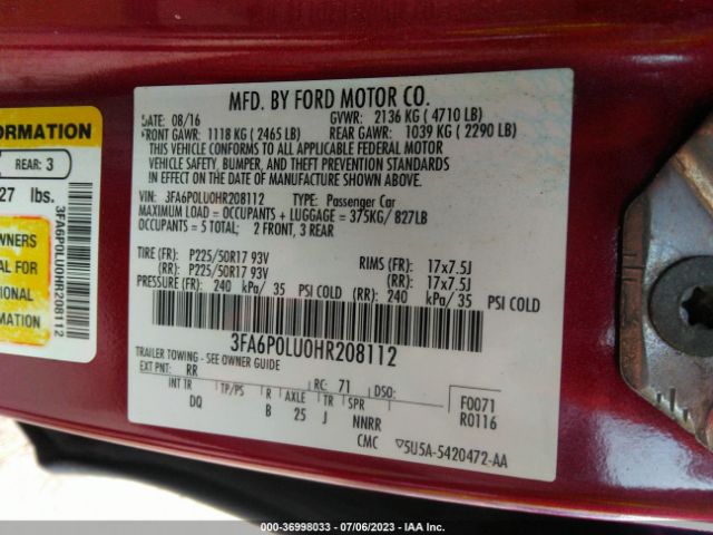 3FA6P0LU0HR208112 Ford Fusion Hybrid Se