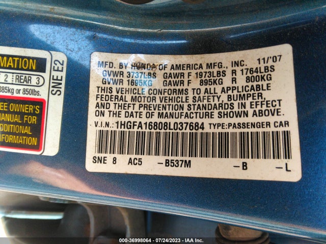 2008 HONDA CIVIC SDN EX VIN: 1HGFA16808L037684
