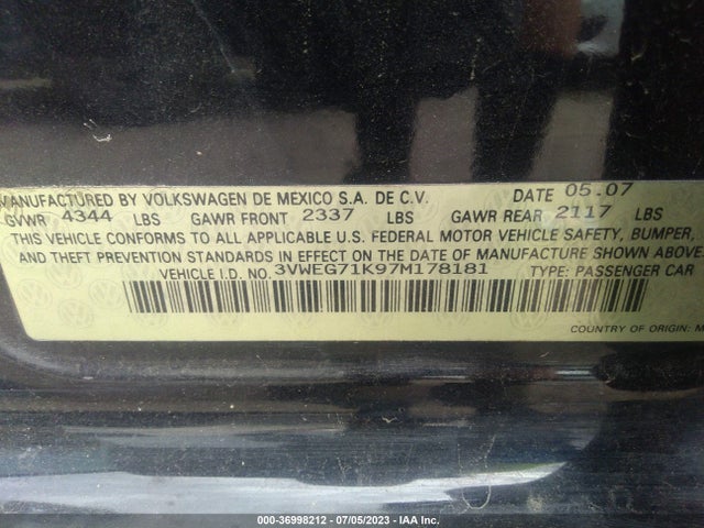 2007 VOLKSWAGEN JETTA SEDAN WOLFSBURG EDITION VIN: 3VWEG71K97M178181