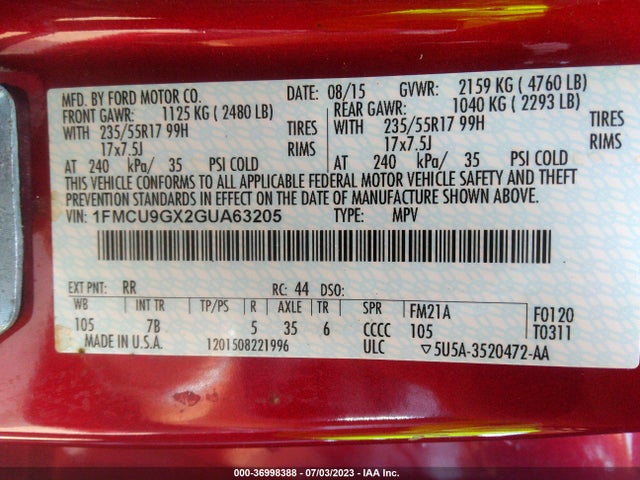 Ford ESCAPE SE 2016 1FMCU9GX2GUA63205 Image 15