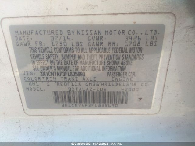3N1CN7AP3FL835690 Nissan Versa S Plus