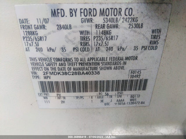 2008 FORD EDGE SEL VIN: 2FMDK38C28BA40338