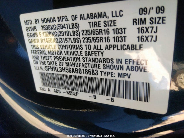 2010 HONDA ODYSSEY EX VIN: 5FNRL3H56AB018683