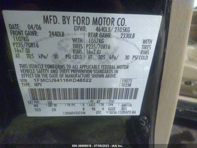 2006 FORD ESCAPE LIMITED VIN: 1FMCU94116KD48522