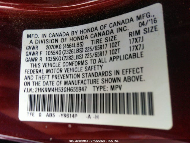 Honda CR-V EX 2016 2HKRM4H53GH655947 Image 9