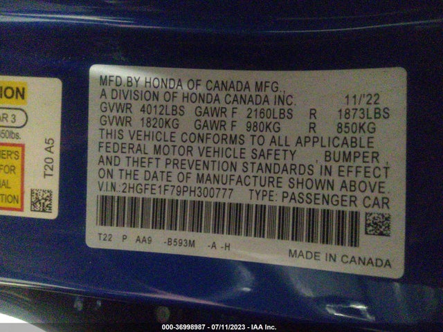 Honda Civic Sedan Ex 2023 2HGFE1F79PH300777 Image 9