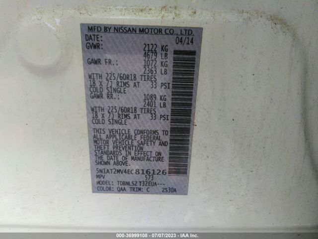 5N1AT2MV4EC816126 Nissan Rogue Sl