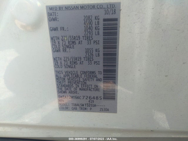 Nissan Rogue Sl 2019 5N1AT2MT6KC726485 Image 9