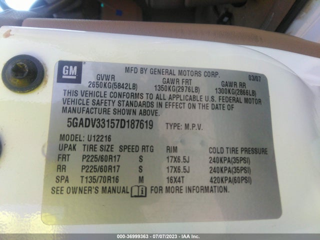 2007 BUICK TERRAZA CXL VIN: 5GADV33157D187619