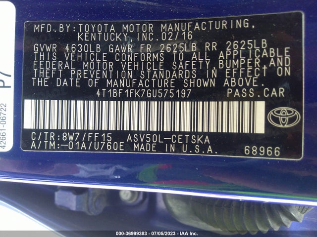2016 TOYOTA CAMRY XLE/SE/LE/XSE VIN: 4T1BF1FK7GU575197