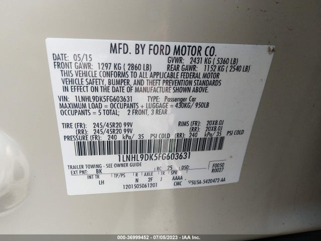 2015 Lincoln MKS, VIN: 1LNHL9DK5FG603631