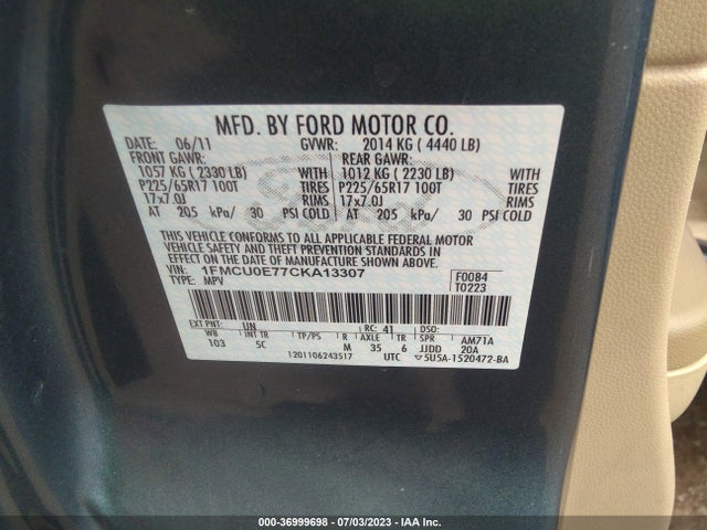 2012 FORD ESCAPE LIMITED VIN: 1FMCU0E77CKA13307