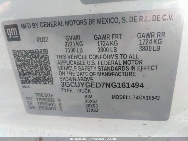 2022 Chevrolet Silverado 1500, VIN: 3GCUYGED7NG161494