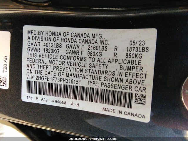 Honda Civic Sedan Ex 2023 2HGFE1F73PH316151 Image 16