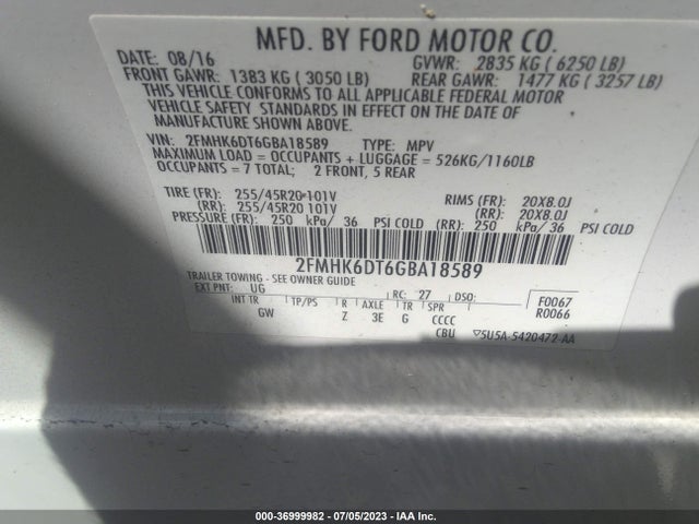 2016 Ford Flex Limited W/ecoboost მანქანა იყიდება აუქციონზე, vin: 2FMHK6DT6GBA18589, აუქციონის ნომერი: 36999982