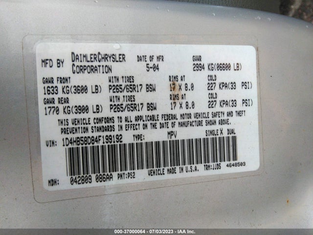 2004 DODGE DURANGO LIMITED VIN: 1D4HB58D84F199192