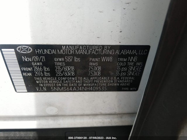 2022 HYUNDAI SANTA FE XRT VIN: 5NMS64AJ4NH409535