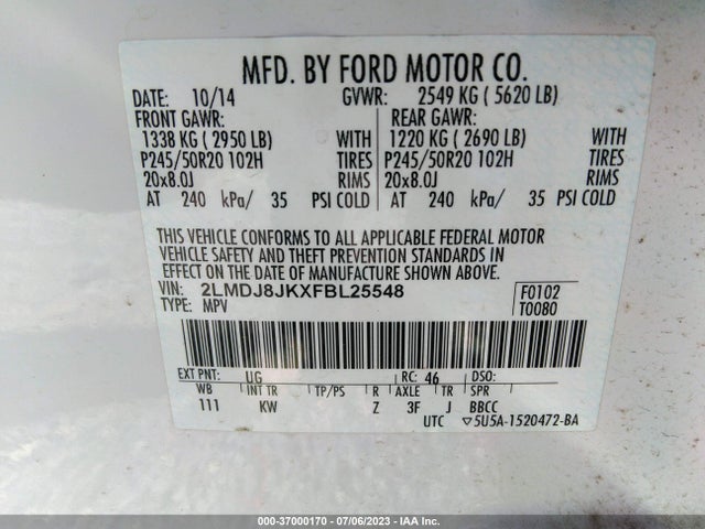 2015 Lincoln MKX, VIN: 2LMDJ8JKXFBL25548