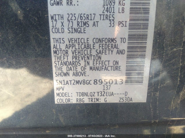 2016 NISSAN ROGUE SV VIN: 5N1AT2MV8GC895013